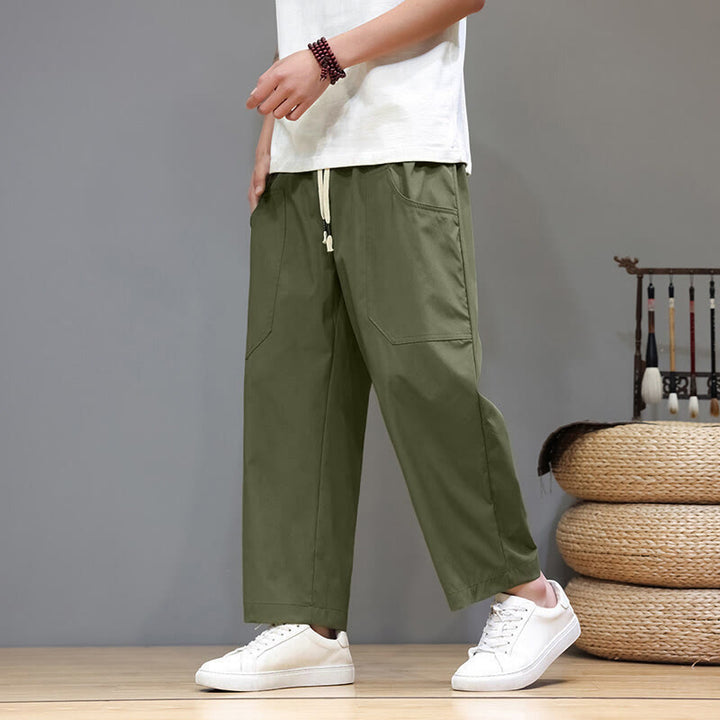 Pantalon d'été pour homme Buddha Stones, couleur unie, coupe droite, longueur cheville, cordon de serrage, avec poches - Vert olive - US/UK/AU46，EU56 (5XL) - image 0