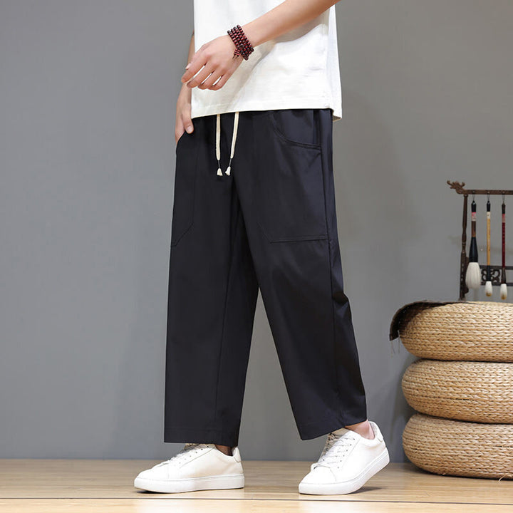 Pantalon d'été pour homme, couleur unie, cordon de serrage, jambes droites, longueur 7-8, avec poches , Buddha Stones - Noir - US/UK/AU46，EU56 (5XL) - image 16
