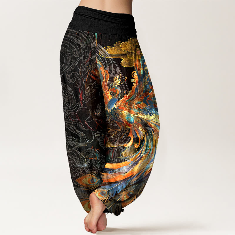 Pantalon harem pour femme, taille élastique, en pur coton, motif phénix volant et Buddha Stones - image 1