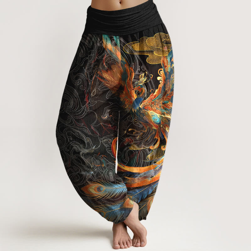 Pantalon harem pour femme, taille élastique, en pur coton, motif phénix volant et Buddha Stones - Noir - US16，UK/AU20，EU48 (3XL) - image 0