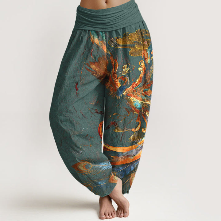 Pantalon harem pour femme, taille élastique, en pur coton, motif phénix volant et Buddha Stones - CadetBlue - US16，UK/AU20，EU48 (3XL) - image 5