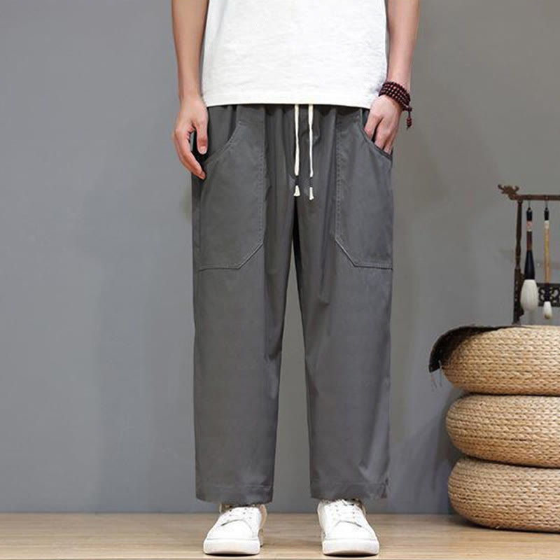 Pantalon d'été pour homme Buddha Stones, couleur unie, coupe droite, longueur cheville, cordon de serrage, avec poches - image 9