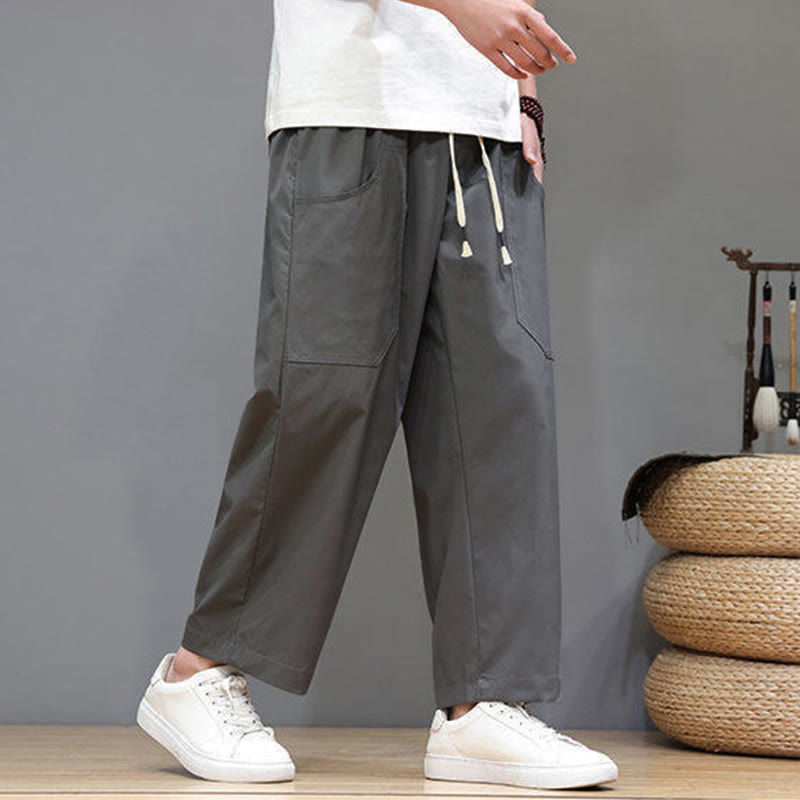 Pantalon d'été pour homme, couleur unie, cordon de serrage, jambes droites, longueur 7-8, avec poches , Buddha Stones - image 10