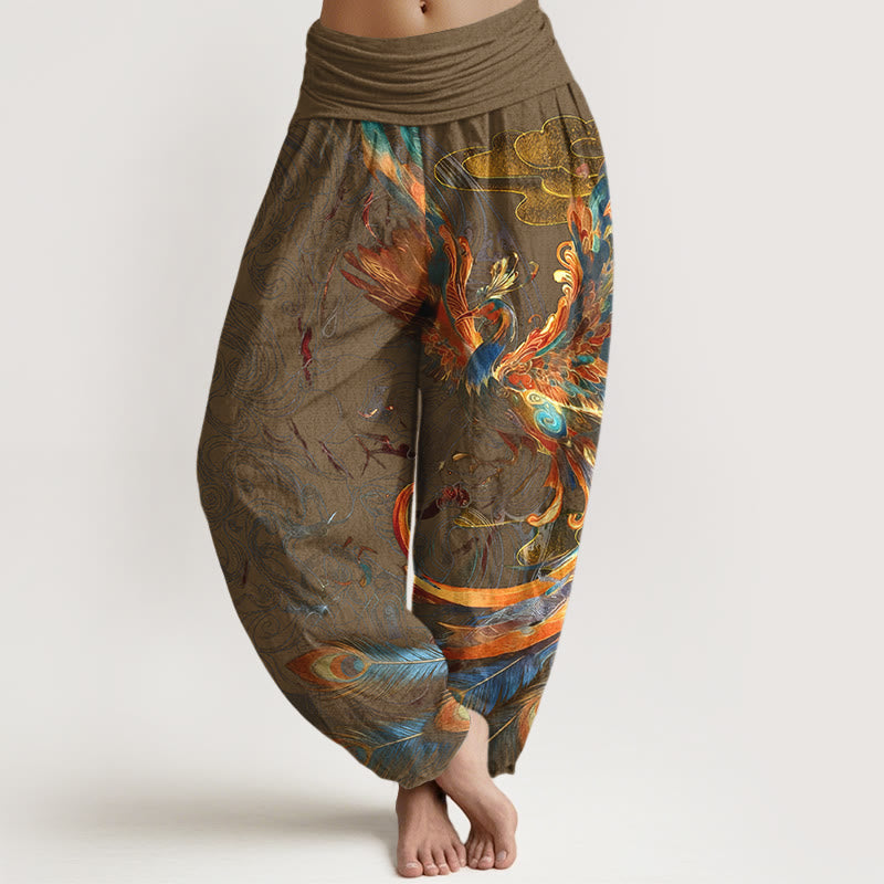 Pantalon harem pour femme, taille élastique, en pur coton, motif phénix volant et Buddha Stones - Pérou - US16，UK/AU20，EU48 (3XL) - image 8