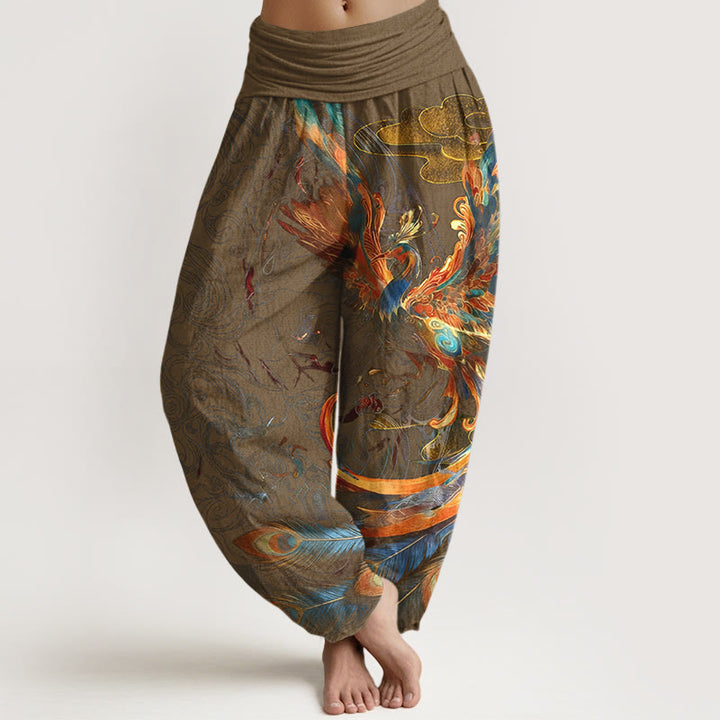 Pantalon harem pour femme, taille élastique, en pur coton, motif phénix volant et Buddha Stones - Pérou - US16，UK/AU20，EU48 (3XL) - image 8