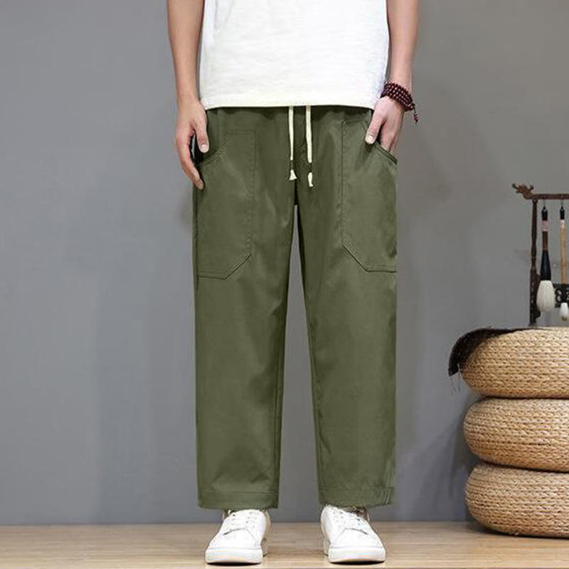 Pantalon d'été pour homme, couleur unie, cordon de serrage, jambes droites, longueur 7-8, avec poches , Buddha Stones - image 1