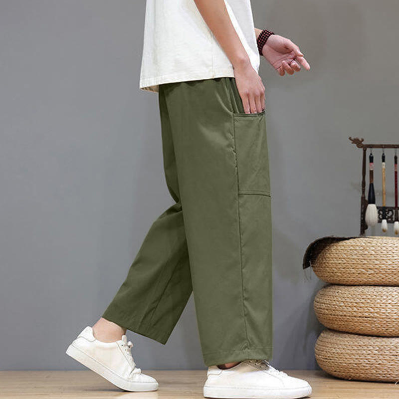 Pantalon d'été pour homme, couleur unie, cordon de serrage, jambes droites, longueur 7-8, avec poches , Buddha Stones - image 3