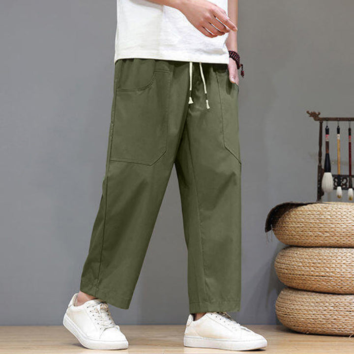 Pantalon d'été pour homme, couleur unie, cordon de serrage, jambes droites, longueur 7-8, avec poches , Buddha Stones - image 2
