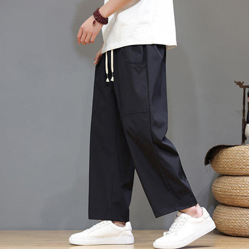 Pantalon d'été pour homme, couleur unie, cordon de serrage, jambes droites, longueur 7-8, avec poches , Buddha Stones - image 21
