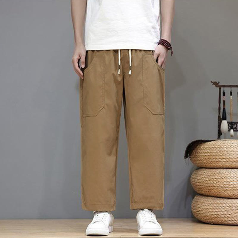 Pantalon d'été pour homme, couleur unie, cordon de serrage, jambes droites, longueur 7-8, avec poches , Buddha Stones - image 25