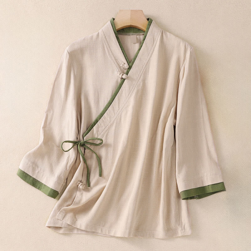 Chemise en coton et lin à manches trois-quarts pour femme, style rétro à lacets et boutons grenouille, avec motif Buddha Stones - PapayaWhip - US8-10，UK/AU12-14，EU40-42 (2XL) - image 1