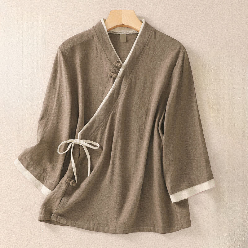 Chemise en coton et lin à manches trois-quarts pour femme, style rétro à lacets et boutons grenouille, avec motif Buddha Stones - Tanné - US8-10，UK/AU12-14，EU40-42 (2XL) - image 14