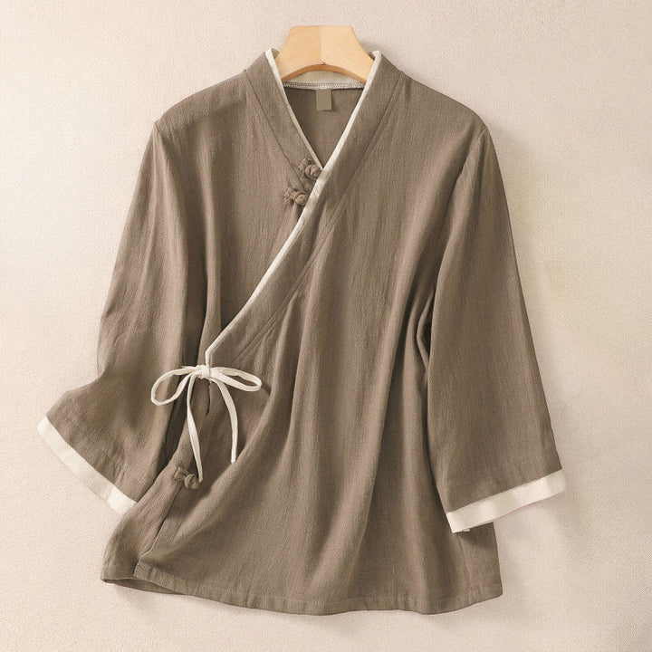 Chemise en coton et lin à manches trois-quarts pour femme, style rétro à lacets et boutons grenouille, avec motif Buddha Stones - Tanné - US8-10，UK/AU12-14，EU40-42 (2XL) - image 14