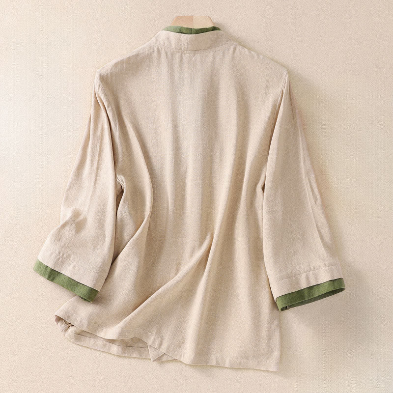 Chemise en coton et lin à manches trois-quarts pour femme, style rétro à lacets et boutons grenouille, avec motif Buddha Stones - image 2