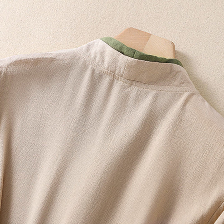 Chemise en coton et lin à manches trois-quarts pour femme, style rétro à lacets et boutons grenouille, avec motif Buddha Stones - image 4