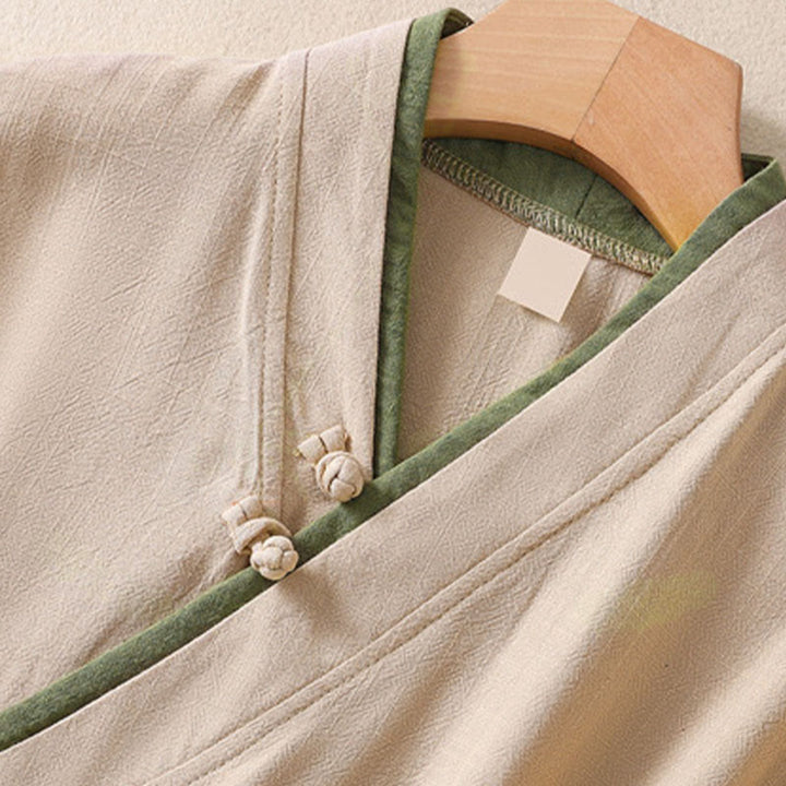 Chemise en coton et lin à manches trois-quarts pour femme, style rétro à lacets et boutons grenouille, avec motif Buddha Stones - image 5