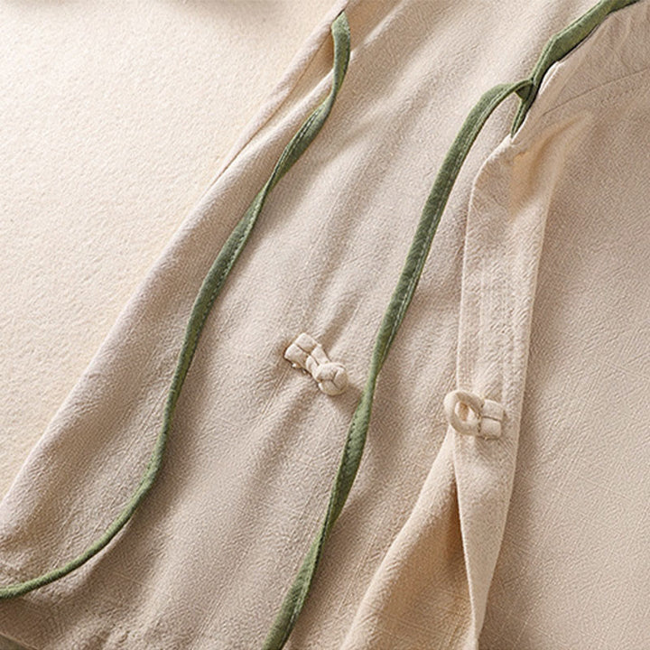 Chemise en coton et lin à manches trois-quarts pour femme, style rétro à lacets et boutons grenouille, avec motif Buddha Stones - image 11