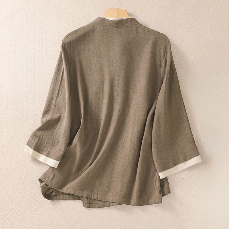 Chemise en coton et lin à manches trois-quarts pour femme, style rétro à lacets et boutons grenouille, avec motif Buddha Stones - image 15