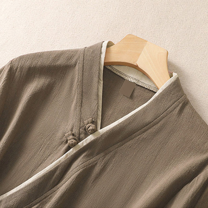 Chemise en coton et lin à manches trois-quarts pour femme, style rétro à lacets et boutons grenouille, avec motif Buddha Stones - image 16