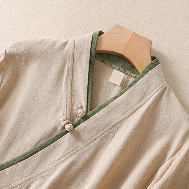 Chemise en coton et lin à manches trois-quarts pour femme, style rétro à lacets et boutons grenouille, avec motif Buddha Stones - image 3