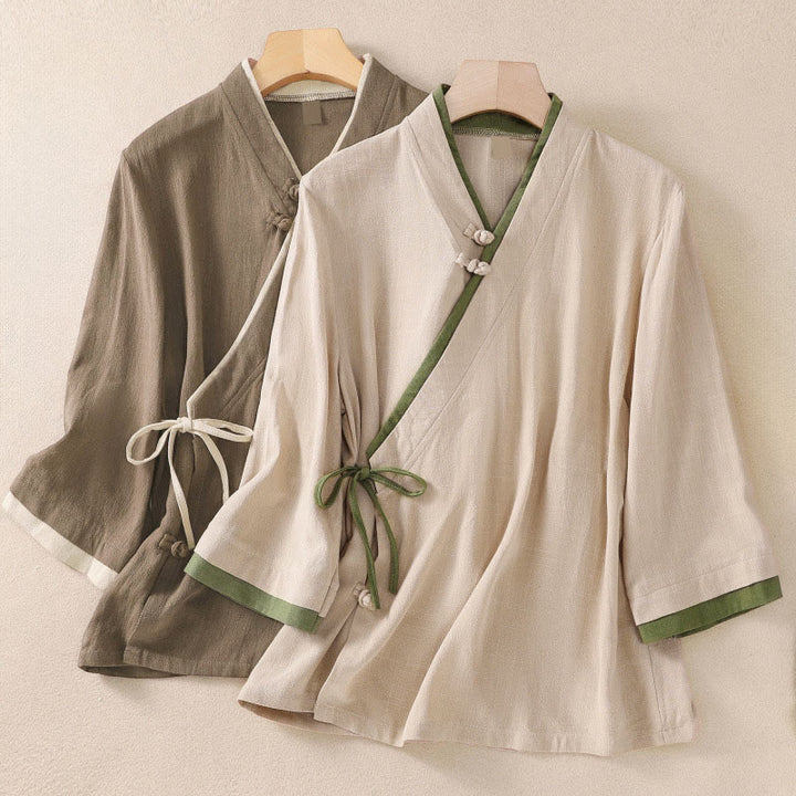 Chemise en coton et lin à manches trois-quarts pour femme, style rétro à lacets et boutons grenouille, avec motif Buddha Stones - image 0