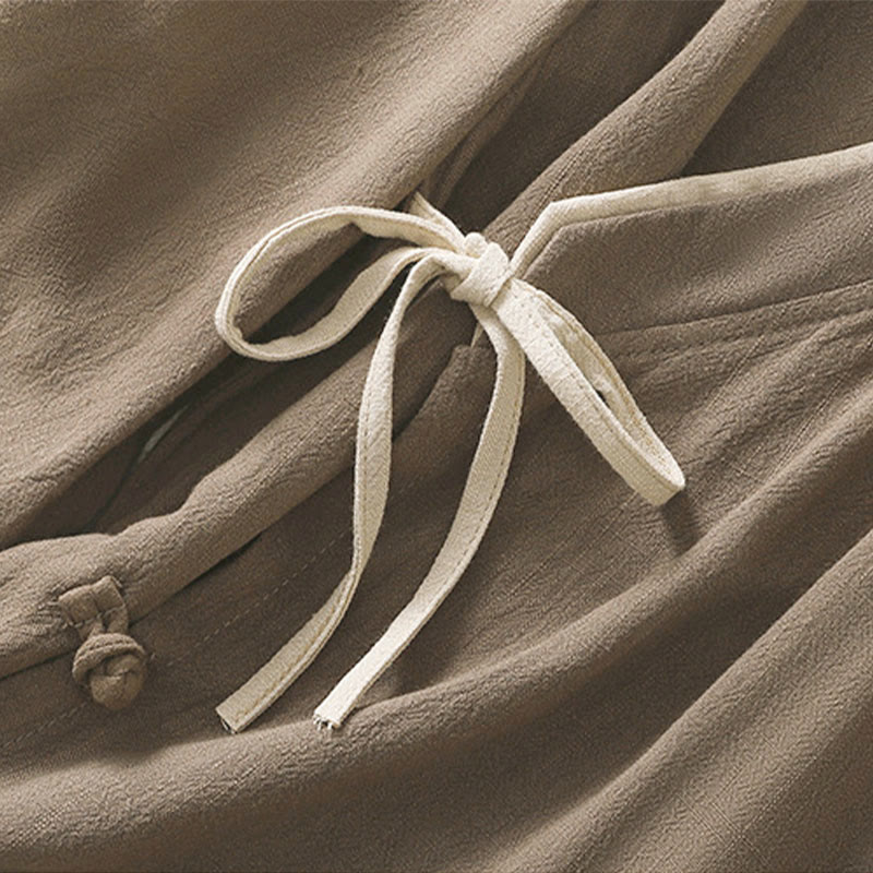 Chemise en coton et lin à manches trois-quarts pour femme, style rétro à lacets et boutons grenouille, avec motif Buddha Stones - image 19