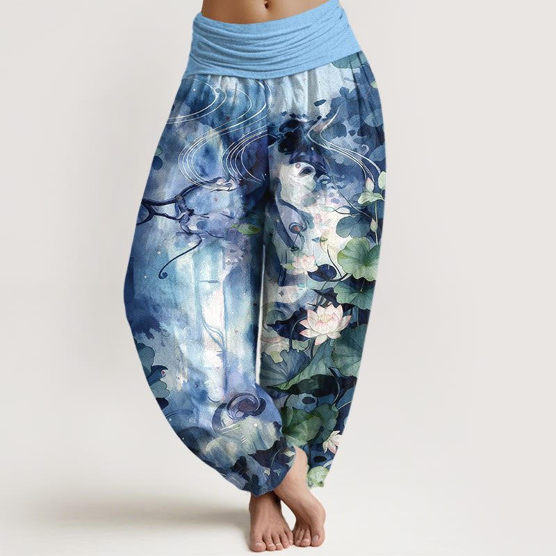 Pantalon harem pour femme, taille élastique, en pur coton, motif aquarelle de fleurs et feuilles de lotus, inspiré des Buddha Stones - Bleu ciel profond - US16，UK/AU20，EU48 (3XL) - image 0