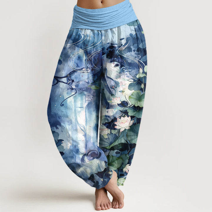 Pantalon harem pour femme, taille élastique, en pur coton, motif aquarelle de fleurs et feuilles de lotus, inspiré des Buddha Stones - Bleu ciel profond - US16，UK/AU20，EU48 (3XL) - image 0