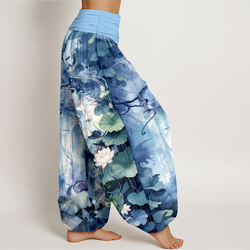 Pantalon harem pour femme, taille élastique, en pur coton, motif aquarelle de fleurs et feuilles de lotus, inspiré des Buddha Stones - image 2