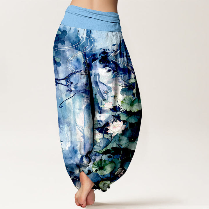 Pantalon harem pour femme, taille élastique, en pur coton, motif aquarelle de fleurs et feuilles de lotus, inspiré des Buddha Stones - image 1