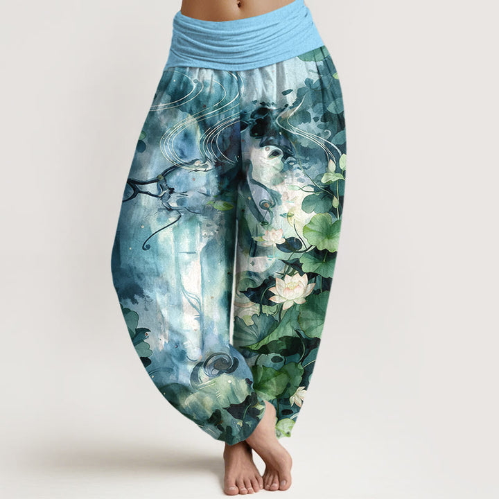 Pantalon harem pour femme, taille élastique, en pur coton, motif aquarelle de fleurs et feuilles de lotus, inspiré des Buddha Stones - Bleu ciel clair - US16，UK/AU20，EU48 (3XL) - image 5