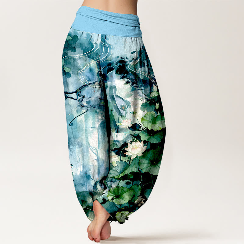 Pantalon harem pour femme, taille élastique, en pur coton, motif aquarelle de fleurs et feuilles de lotus, inspiré des Buddha Stones - image 6