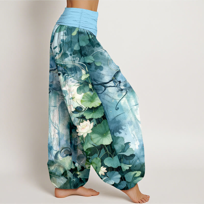 Pantalon harem pour femme, taille élastique, en pur coton, motif aquarelle de fleurs et feuilles de lotus, inspiré des Buddha Stones - image 7