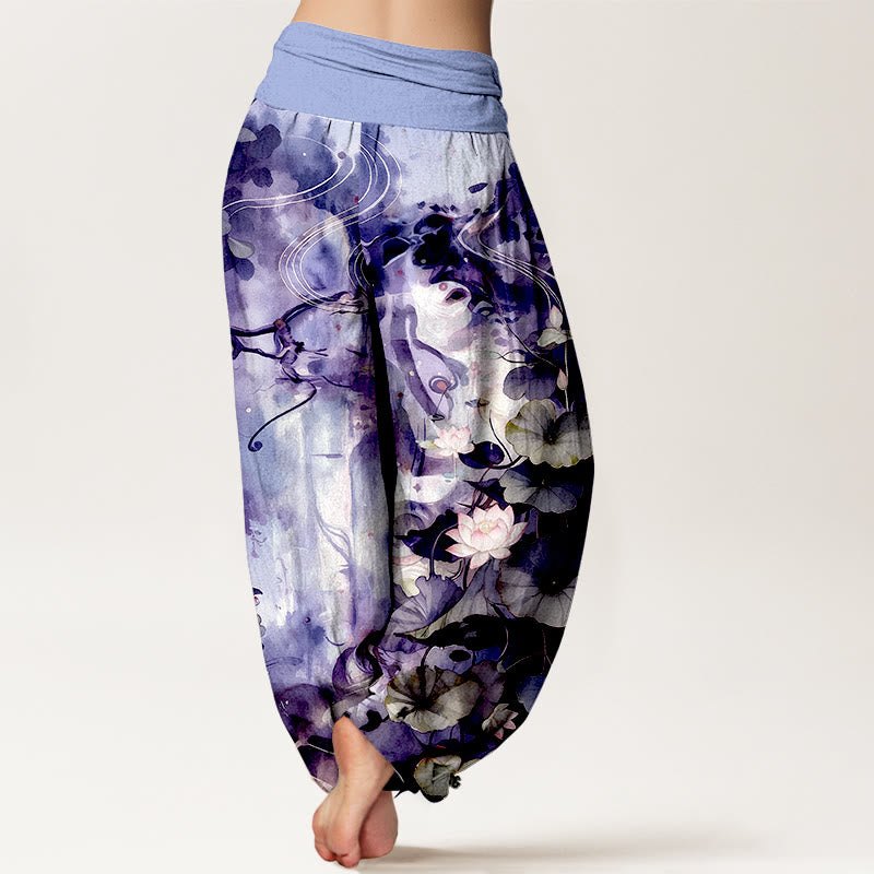 Pantalon harem pour femme, taille élastique, en pur coton, motif aquarelle de fleurs et feuilles de lotus, inspiré des Buddha Stones - image 9