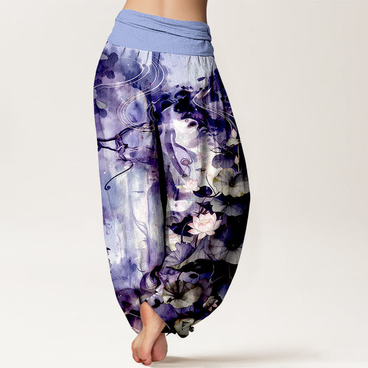 Pantalon harem pour femme, taille élastique, en pur coton, motif aquarelle de fleurs et feuilles de lotus, inspiré des Buddha Stones - image 9
