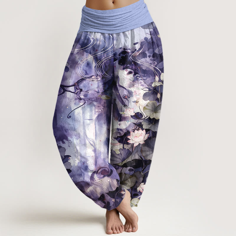 Pantalon harem pour femme, taille élastique, en pur coton, motif aquarelle de fleurs et feuilles de lotus, inspiré des Buddha Stones - DarkOrchid - US16，UK/AU20，EU48 (3XL) - image 8
