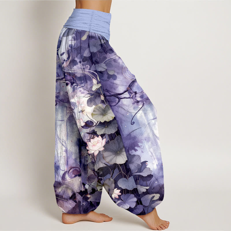 Pantalon harem pour femme, taille élastique, en pur coton, motif aquarelle de fleurs et feuilles de lotus, inspiré des Buddha Stones - image 10