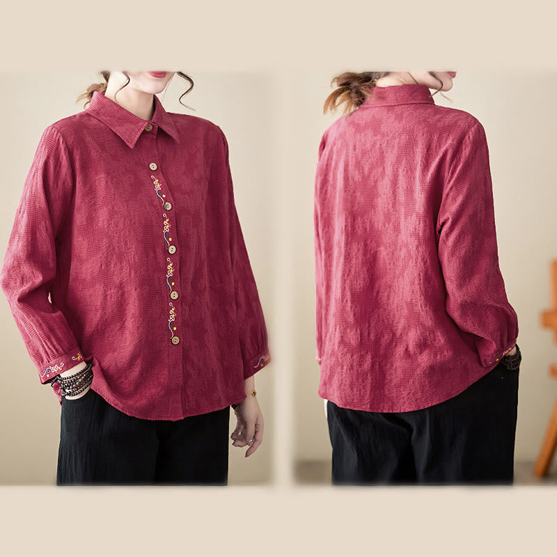 Chemise à manches longues en coton pour femme, à revers, ornée de boutons et de broderies florales unies , Buddha Stones et motif floral printanier. - image 27