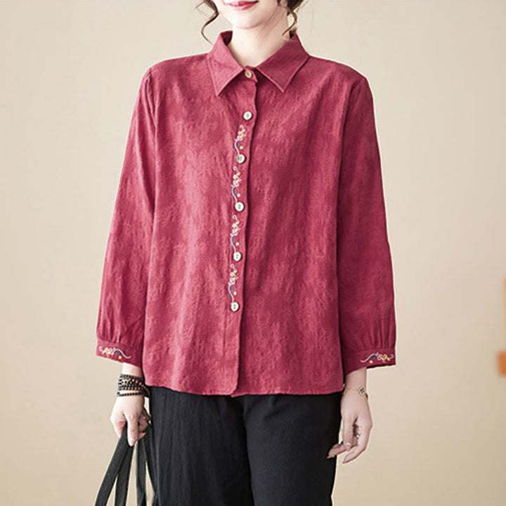 Chemise à manches longues en coton pour femme, à revers, ornée de boutons et de broderies florales unies , Buddha Stones et motif floral printanier. - image 24