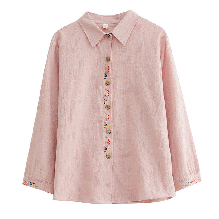 Chemise à manches longues en coton pour femme, à revers, ornée de boutons et de broderies florales unies , Buddha Stones et motif floral printanier. - image 22