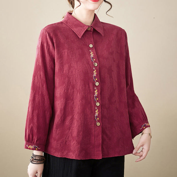 Chemise à manches longues en coton pour femme, à revers, ornée de boutons et de broderies florales unies , Buddha Stones et motif floral printanier. - image 26