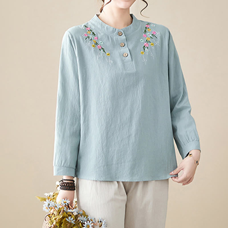 Chemise à manches longues en coton pour femme, à revers, ornée de boutons et de broderies florales unies , Buddha Stones et motif floral printanier. - image 2