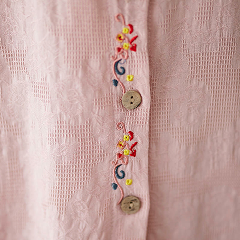 Chemise à manches longues en coton pour femme, à revers, ornée de boutons et de broderies florales unies , Buddha Stones et motif floral printanier. - image 17