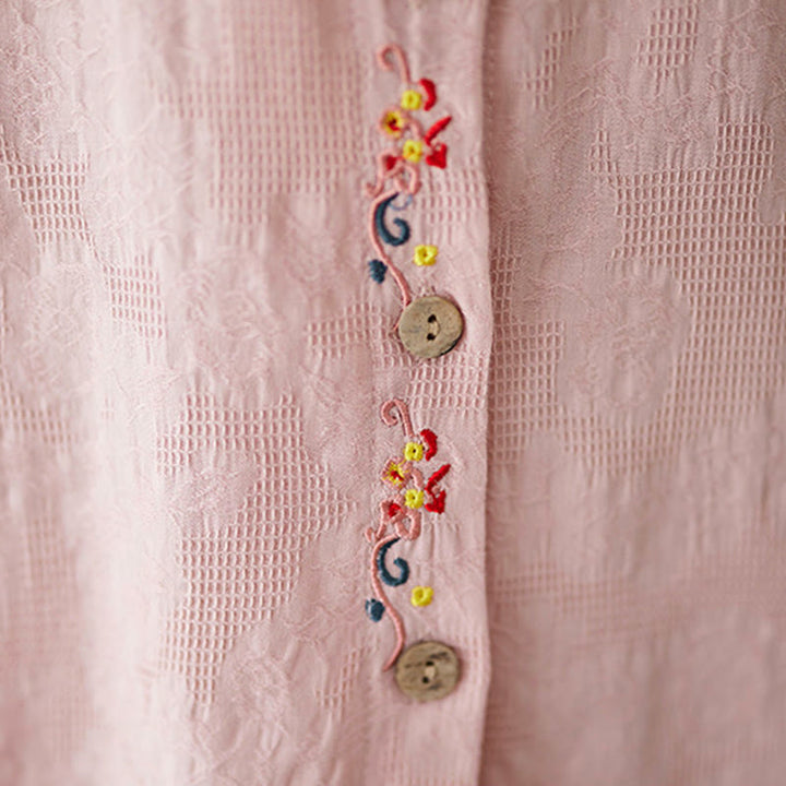 Chemise à manches longues en coton pour femme, à revers, ornée de boutons et de broderies florales unies , Buddha Stones et motif floral printanier. - image 17