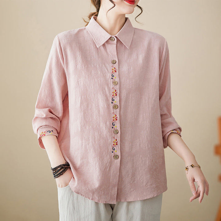 Chemise à manches longues en coton pour femme, à revers, ornée de boutons et de broderies florales unies , Buddha Stones et motif floral printanier. - Rose clair - US12，UK/AU16，EU44 (3XL) - image 7