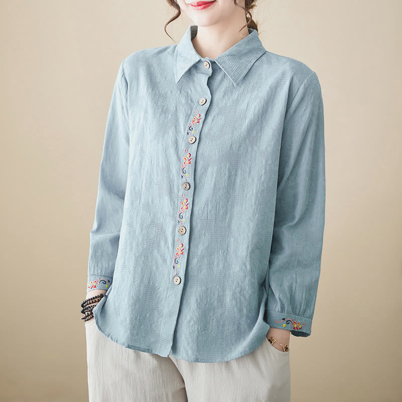 Chemise à manches longues en coton pour femme, à revers, ornée de boutons et de broderies florales unies , Buddha Stones et motif floral printanier. - Bleu clair - US12，UK/AU16，EU44 (3XL) - image 1