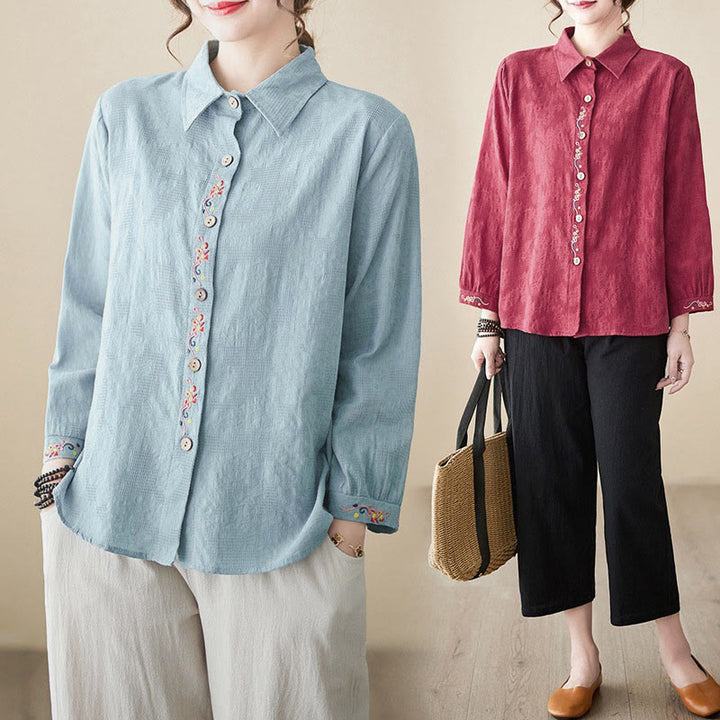 Chemise à manches longues en coton pour femme, à revers, ornée de boutons et de broderies florales unies , Buddha Stones et motif floral printanier. - image 28