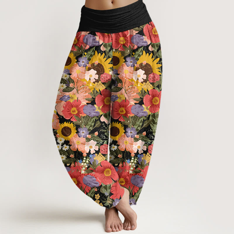 Pantalon harem à taille élastique pour femme, en pur coton, motif tournesol et marguerites colorées, petites fleurs rouges et violettes, orné de Buddha Stones - Noir - US16，UK/AU20，EU48 (3XL) - image 0