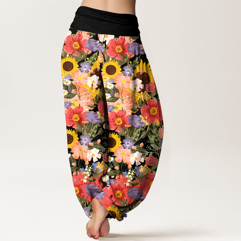 Pantalon harem à taille élastique pour femme, en pur coton, motif tournesol et marguerites colorées, petites fleurs rouges et violettes, orné de Buddha Stones - image 1