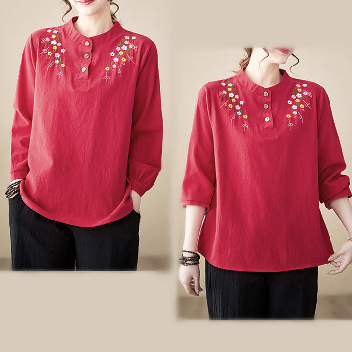 Chemise en coton à manches longues et col montant, ornée de broderies florales, pour femme, de la marque Buddha Stones. - image 24